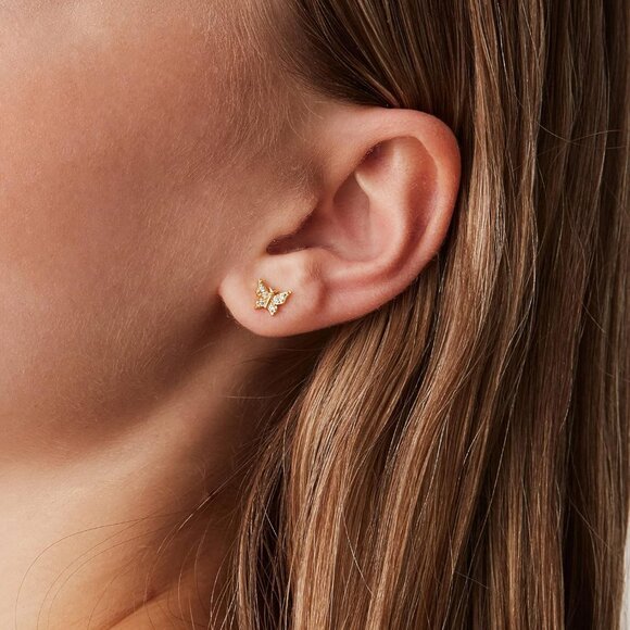 Yellow Gold Butterfly Stud Earrings with Cubic Zirconia for Women - Picture 2 of 5